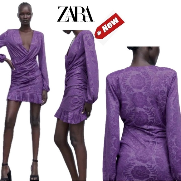 Zara Dresses & Skirts - Zara purple jacquard ruffle frill draped ruched long sleeve wrap dress Sz M NWT